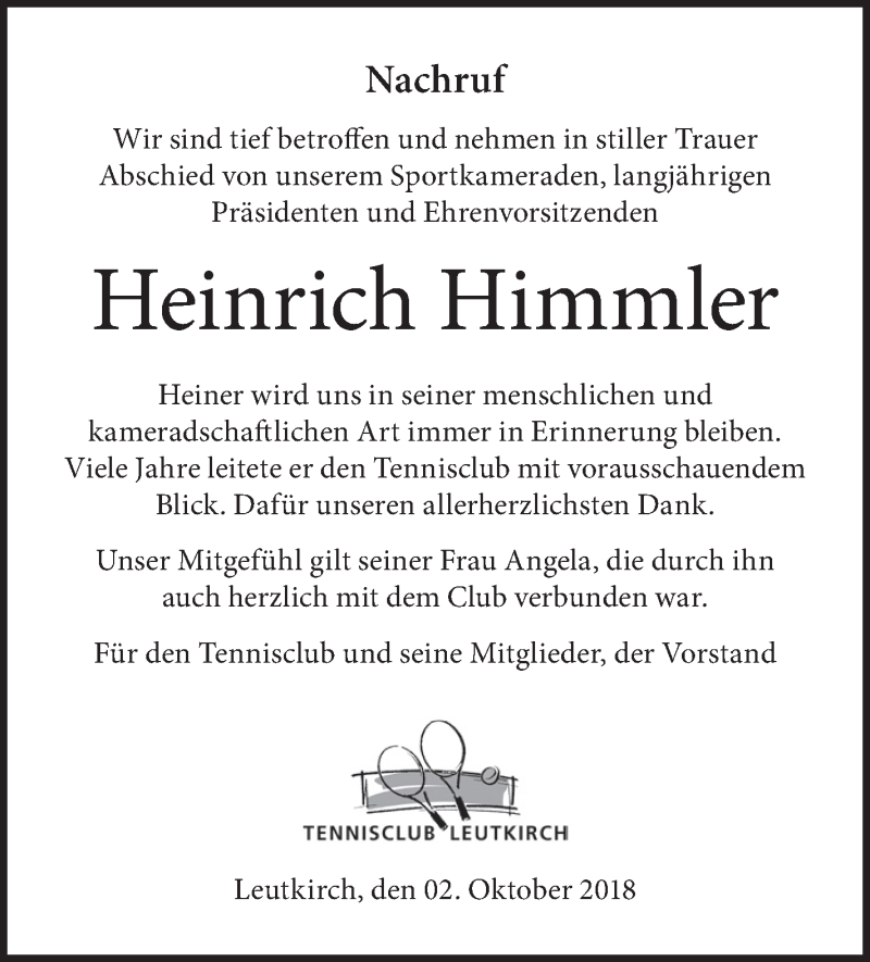 Traueranzeige für Heinrich Himmler vom 02.10.2018 aus Schwäbische Zeitung