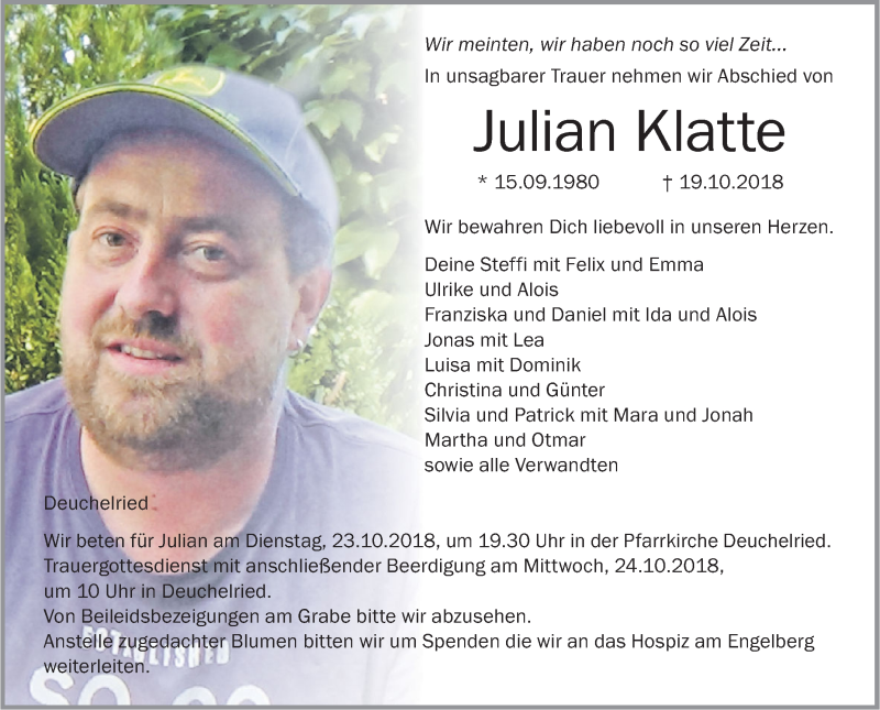  Traueranzeige für Julian Klatte vom 20.10.2018 aus Schwäbische Zeitung