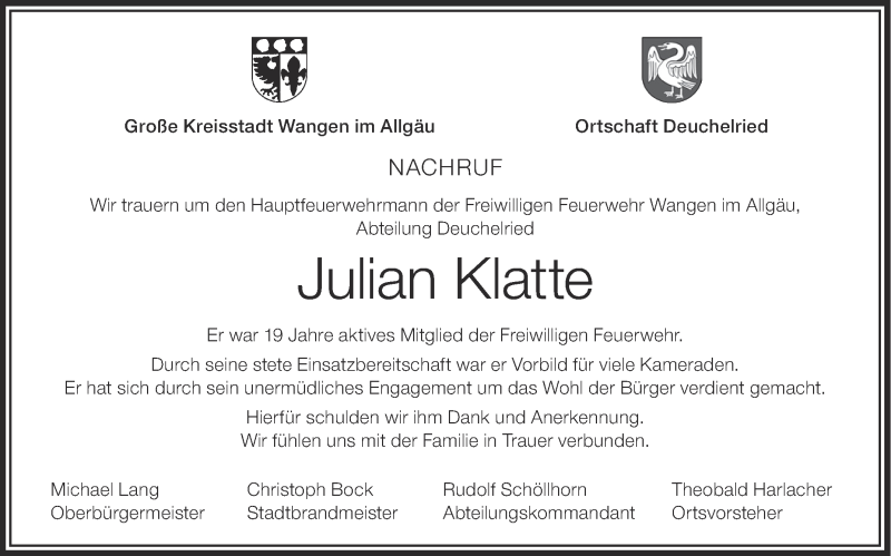  Traueranzeige für Julian Klatte vom 27.10.2018 aus Schwäbische Zeitung