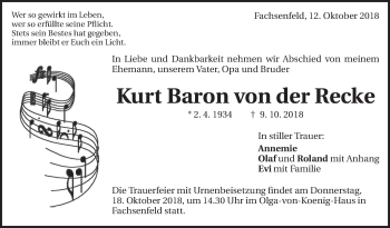 Anzeige von Kurt Baron von der Recke von Schwäbische Zeitung