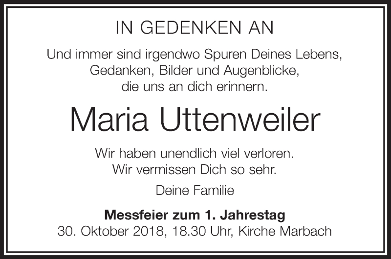  Traueranzeige für Maria Uttenweiler vom 26.10.2018 aus Schwäbische Zeitung