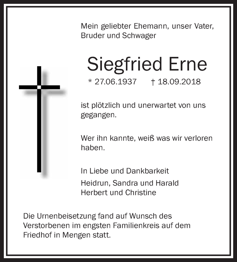  Traueranzeige für Siegfried Erne vom 06.10.2018 aus Schwäbische Zeitung