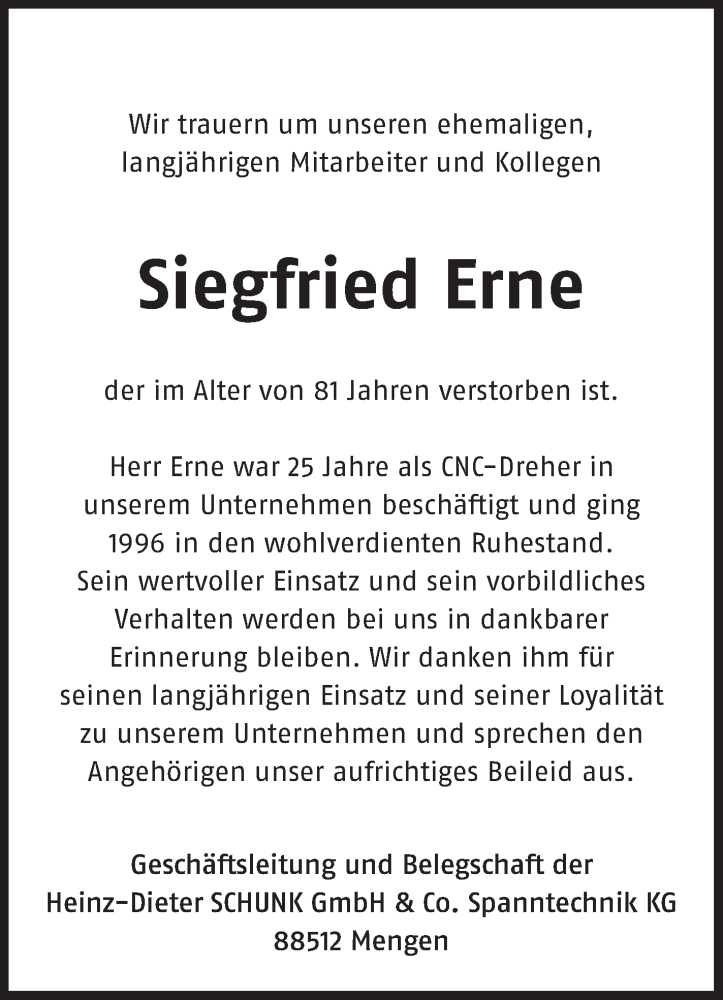  Traueranzeige für Siegfried Erne vom 10.10.2018 aus Schwäbische Zeitung
