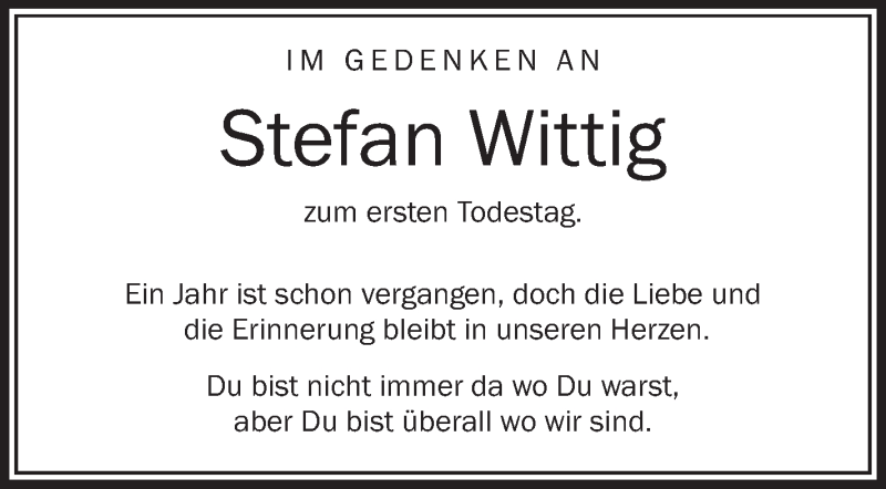  Traueranzeige für Stefan Wittig vom 08.10.2018 aus Schwäbische Zeitung