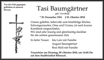 Anzeige von Tasi Baumgärtner von Schwäbische Zeitung