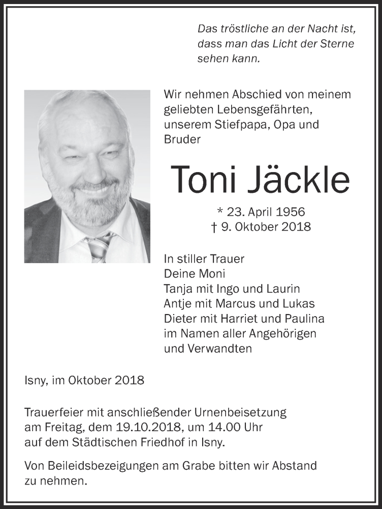  Traueranzeige für Toni Jäckle vom 17.10.2018 aus Schwäbische Zeitung