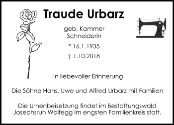 Anzeige von Traude Urbarz von Schwäbische Zeitung