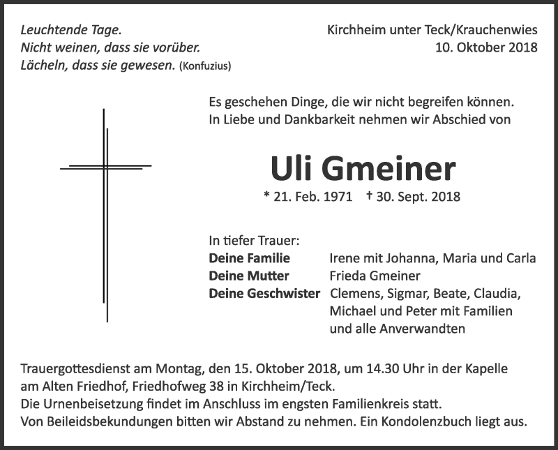  Traueranzeige für Uli Gmeiner vom 10.10.2018 aus Schwäbische Zeitung