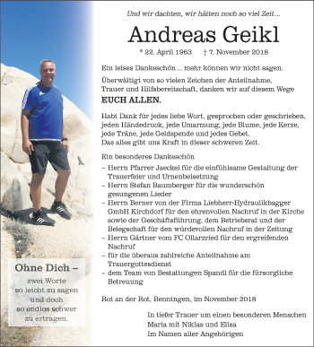 Anzeige von Andreas Geikl von Schwäbische Zeitung