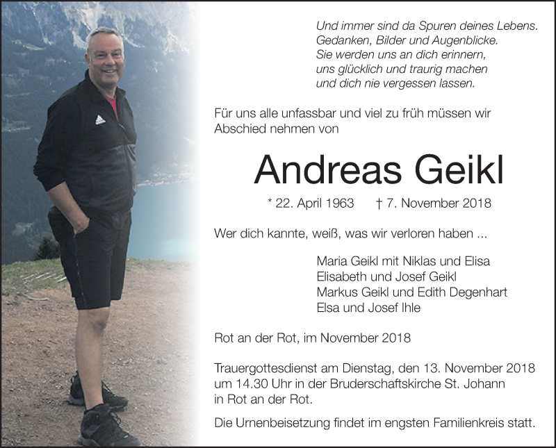 Traueranzeige für Andreas Geikl vom 10.11.2018 aus Schwäbische Zeitung