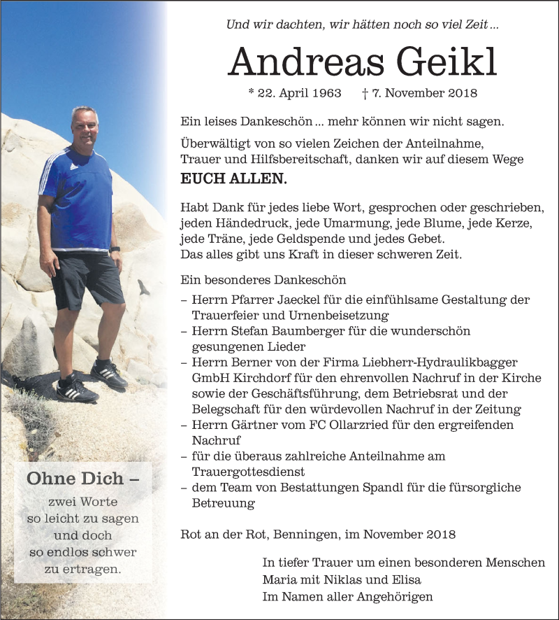  Traueranzeige für Andreas Geikl vom 24.11.2018 aus Schwäbische Zeitung