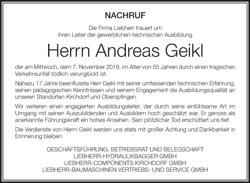  Traueranzeige für Andreas Geikl vom 13.11.2018 aus Schwäbische Zeitung