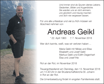 Anzeige von Andreas Geikl von Schwäbische Zeitung