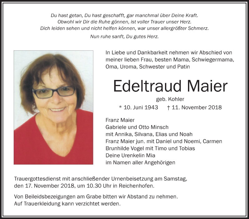  Traueranzeige für Edeltraud Maier vom 15.11.2018 aus Schwäbische Zeitung