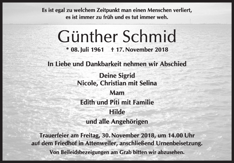  Traueranzeige für Günther Schmid vom 24.11.2018 aus Schwäbische Zeitung