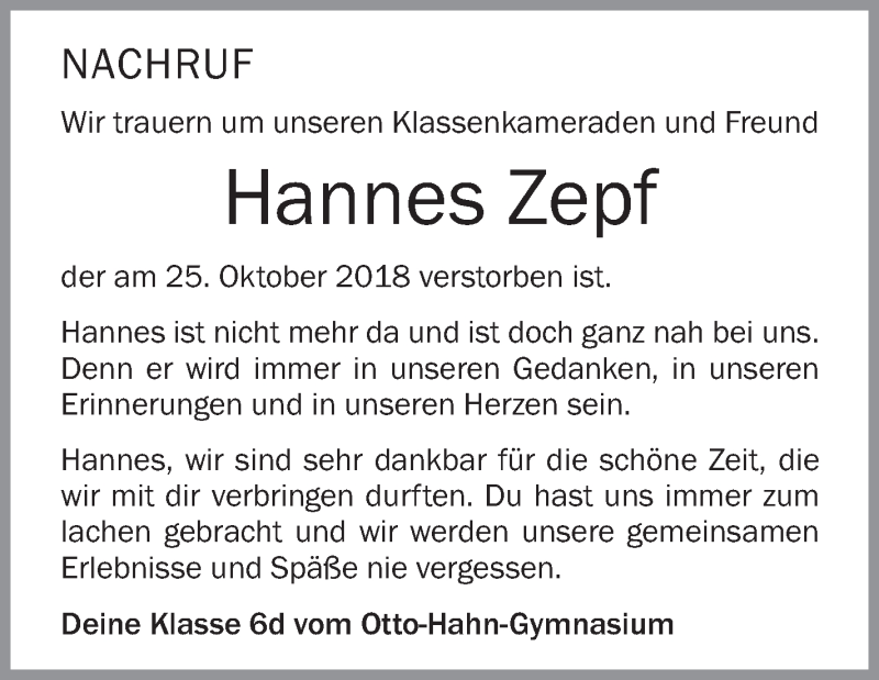  Traueranzeige für Hannes Zepf vom 09.11.2018 aus Schwäbische Zeitung