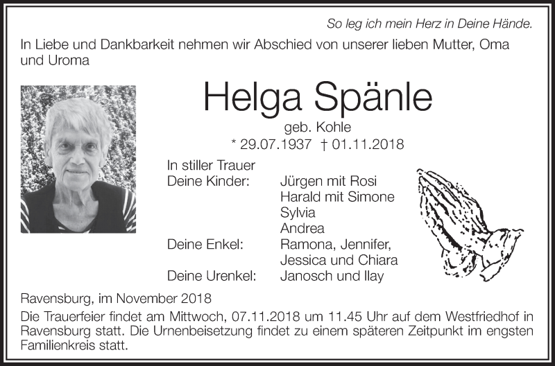  Traueranzeige für Helga Spänle vom 03.11.2018 aus Schwäbische Zeitung