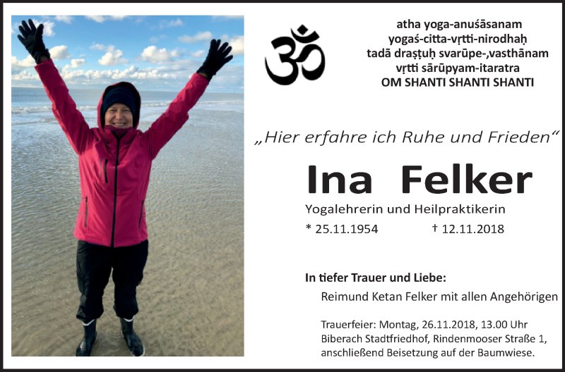  Traueranzeige für Ina Felker vom 22.11.2018 aus Schwäbische Zeitung