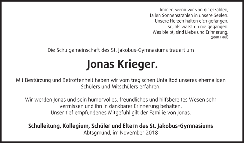  Traueranzeige für Jonas Krieger vom 14.11.2018 aus Schwäbische Zeitung