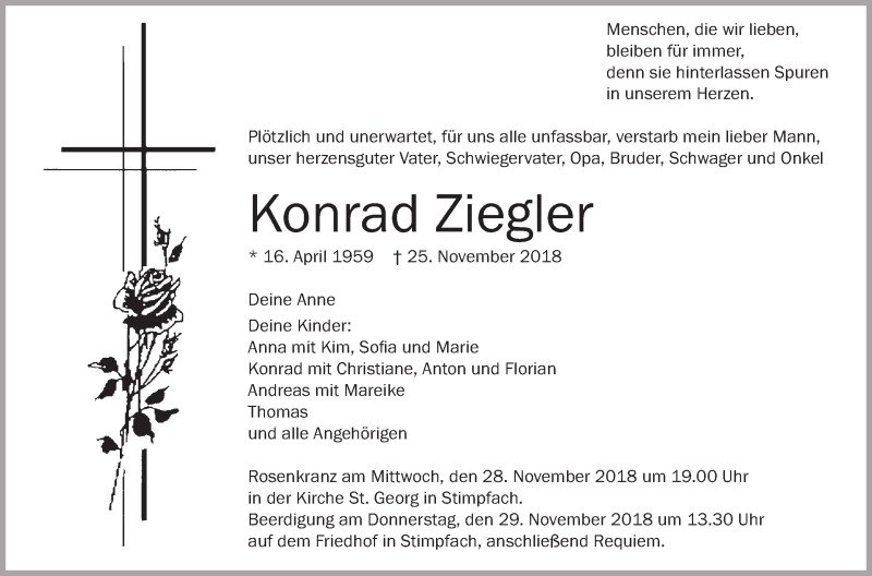  Traueranzeige für Konrad Ziegler vom 27.11.2018 aus Schwäbische Zeitung