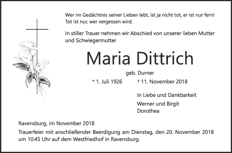  Traueranzeige für Maria Dittrich vom 15.11.2018 aus Schwäbische Zeitung
