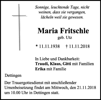 Anzeige von Maria Fritschle von Schwäbische Zeitung