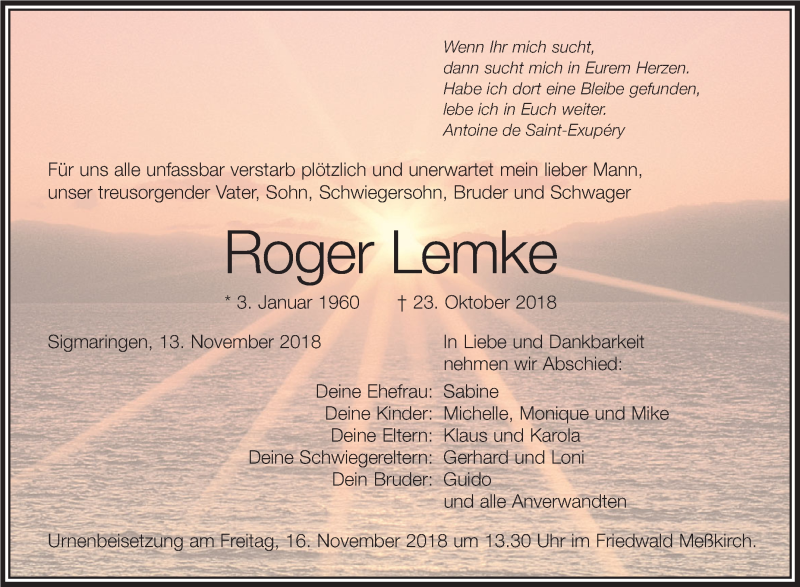  Traueranzeige für Roger Lemke vom 13.11.2018 aus Schwäbische Zeitung