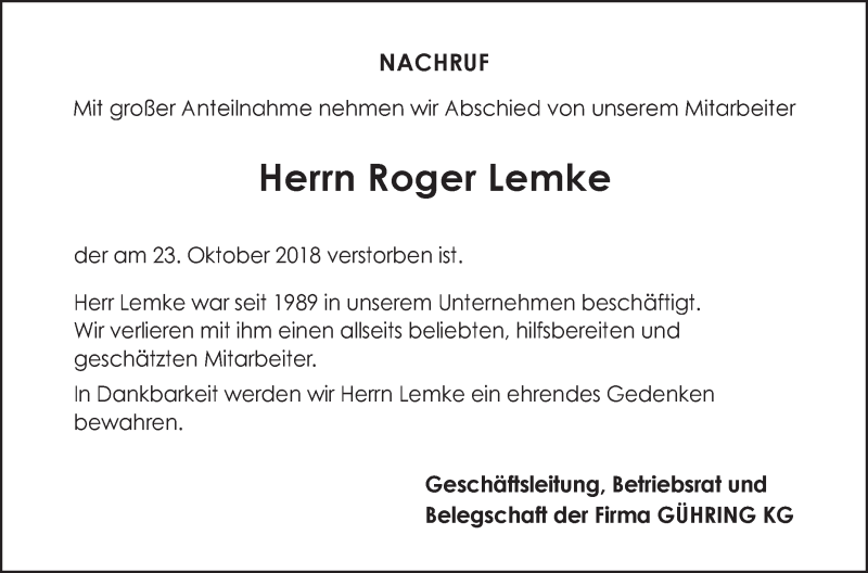  Traueranzeige für Roger Lemke vom 16.11.2018 aus Schwäbische Zeitung