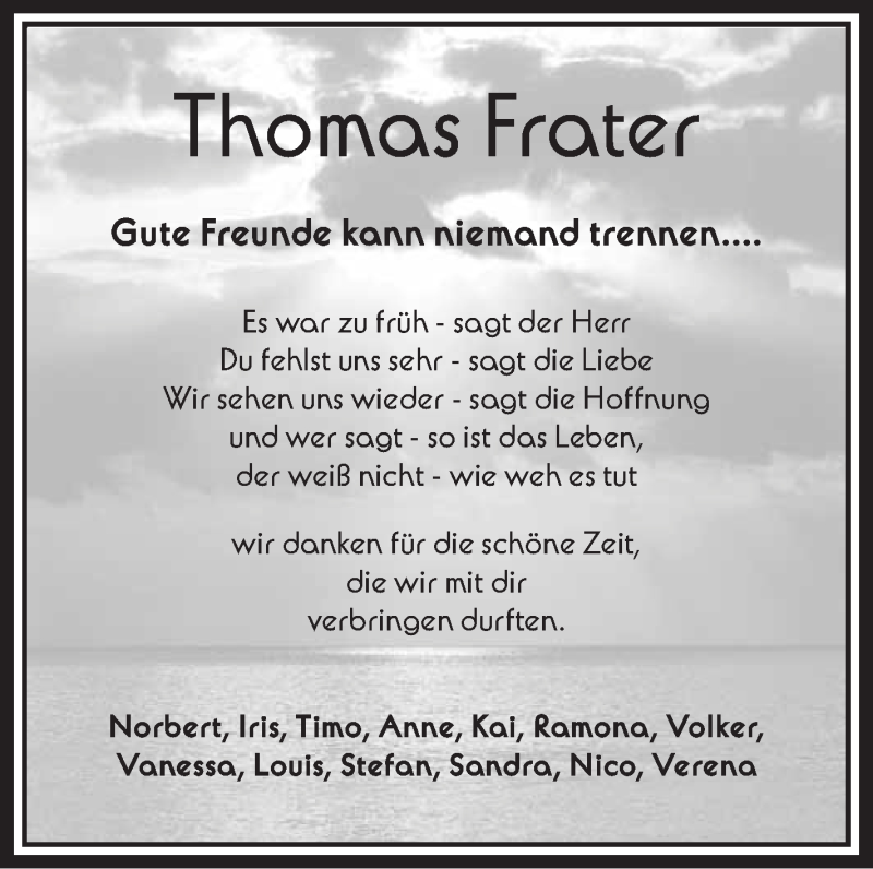  Traueranzeige für Thomas Frater vom 17.11.2018 aus Schwäbische Zeitung