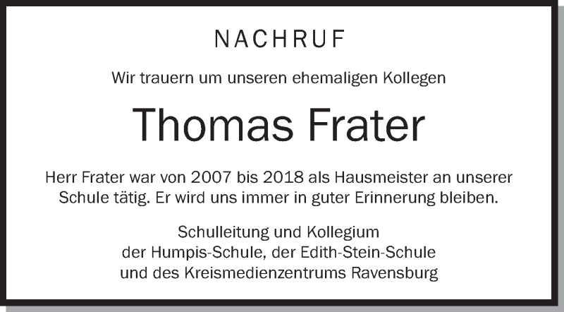  Traueranzeige für Thomas Frater vom 20.11.2018 aus Schwäbische Zeitung