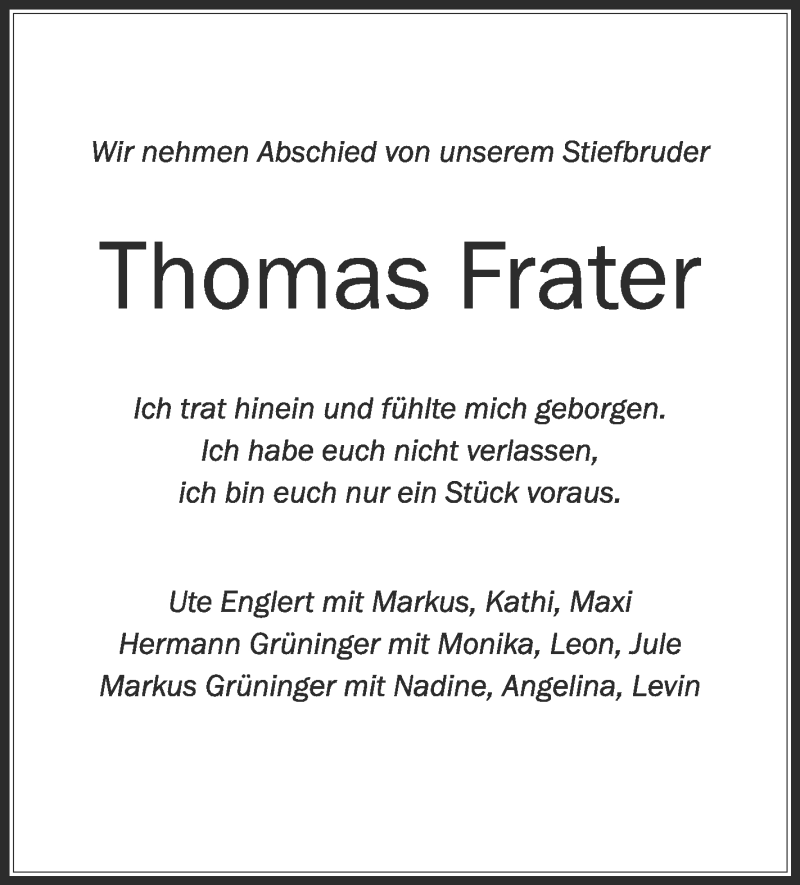  Traueranzeige für Thomas Frater vom 17.11.2018 aus Schwäbische Zeitung