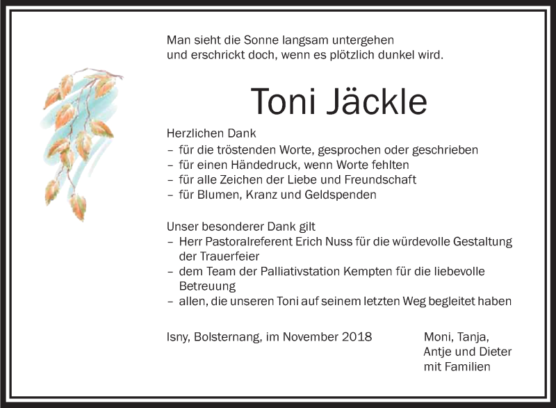  Traueranzeige für Toni Jäckle vom 10.11.2018 aus Schwäbische Zeitung