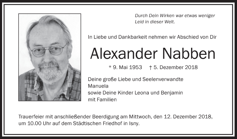  Traueranzeige für Alexander Nabben vom 10.12.2018 aus Schwäbische Zeitung