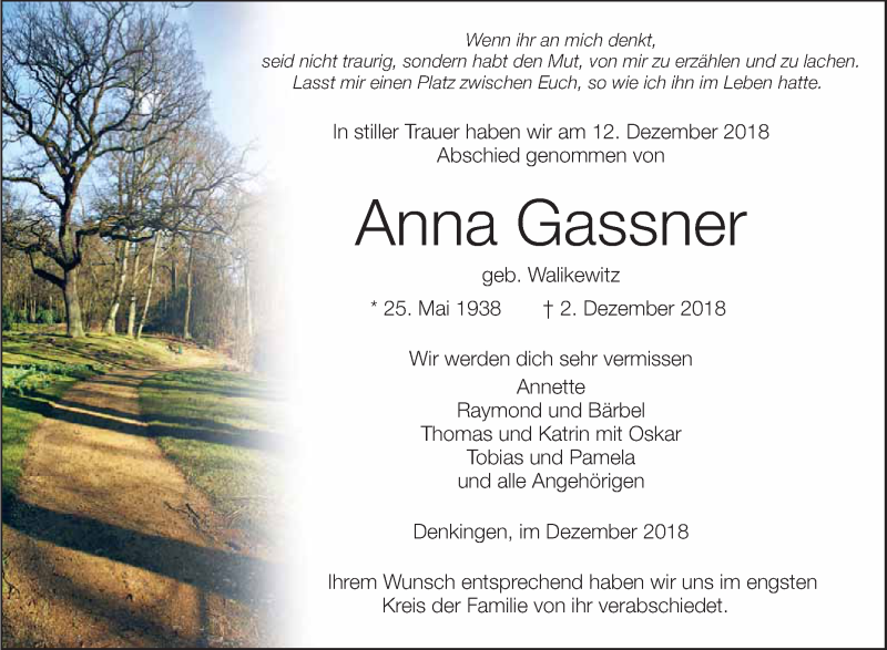  Traueranzeige für Anna Gassner vom 13.12.2018 aus Schwäbische Zeitung