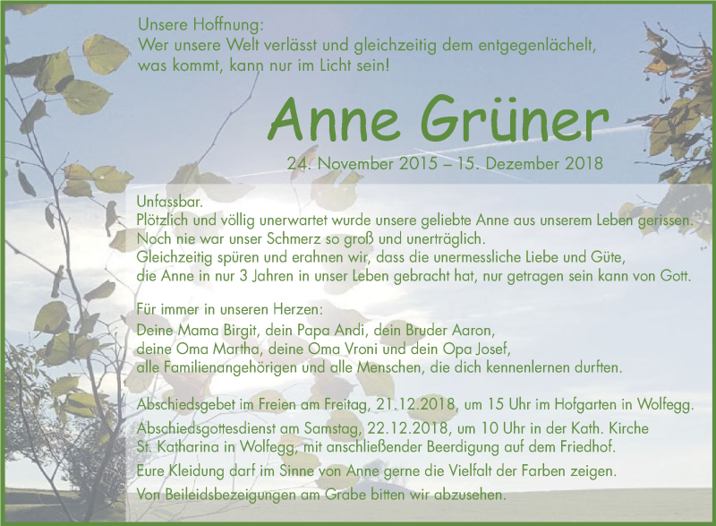  Traueranzeige für Anne Grüner vom 21.12.2018 aus Schwäbische Zeitung