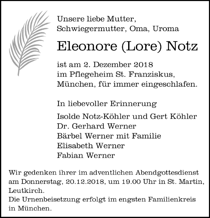  Traueranzeige für Eleonore Notz vom 14.12.2018 aus Schwäbische Zeitung