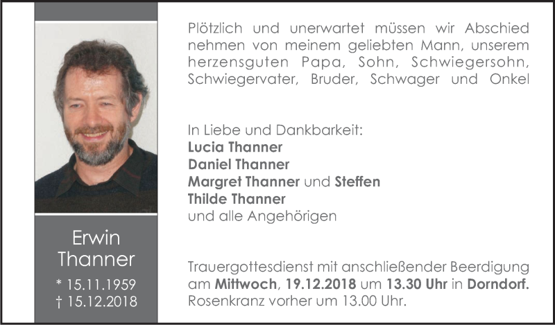  Traueranzeige für Erwin Thanner vom 18.12.2018 aus Schwäbische Zeitung