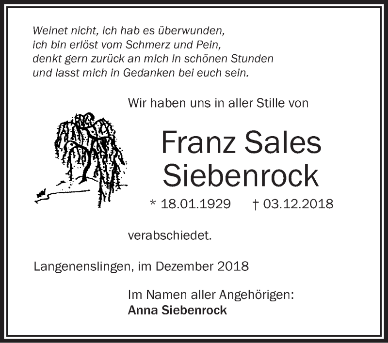  Traueranzeige für Franz Sales Siebenrock vom 22.12.2018 aus Schwäbische Zeitung