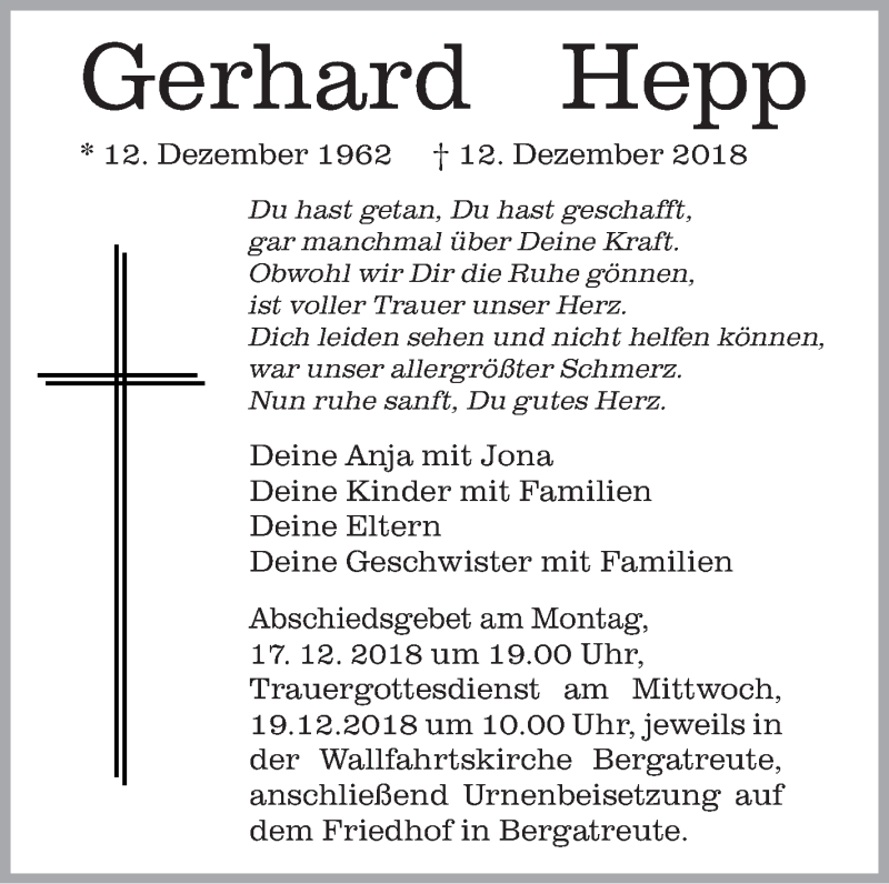  Traueranzeige für Gerhard Hepp vom 17.12.2018 aus Schwäbische Zeitung