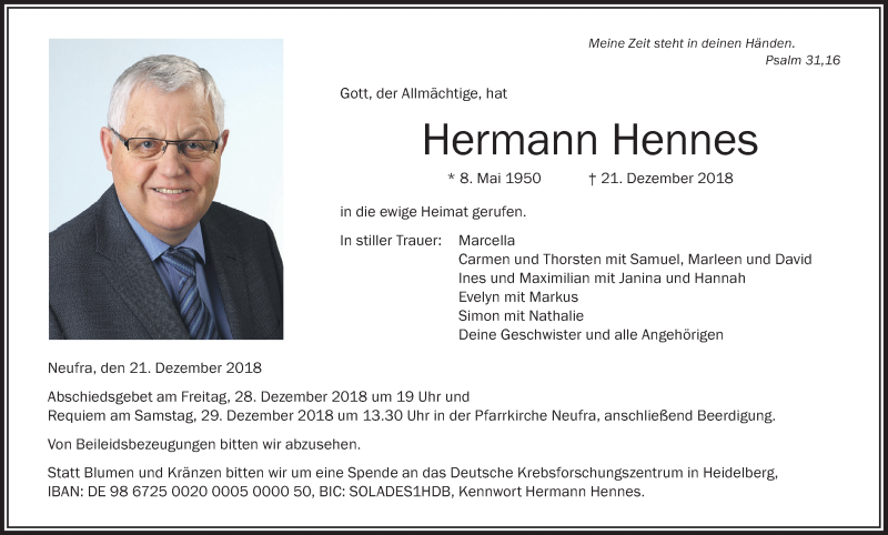  Traueranzeige für Hermann Hennes vom 27.12.2018 aus Schwäbische Zeitung