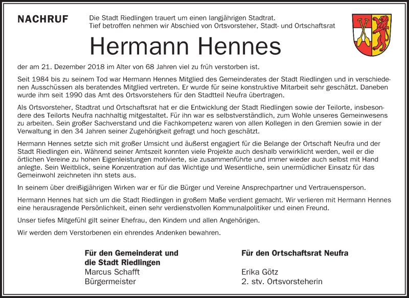 Traueranzeige für Hermann Hennes vom 28.12.2018 aus Schwäbische Zeitung