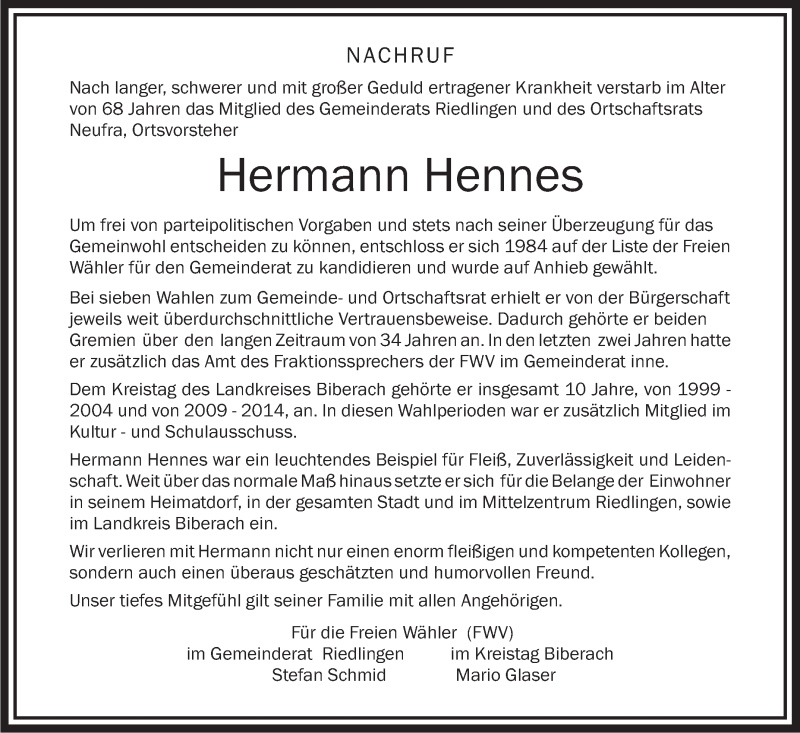  Traueranzeige für Hermann Hennes vom 28.12.2018 aus Schwäbische Zeitung