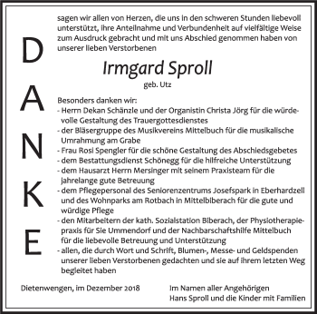 Anzeige von Irmgard Sproll von Schwäbische Zeitung