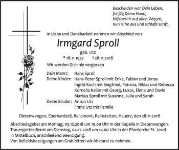 Anzeige von Irmgard Sproll von Schwäbische Zeitung