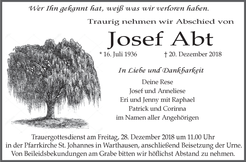  Traueranzeige für Josef Abt vom 24.12.2018 aus Schwäbische Zeitung