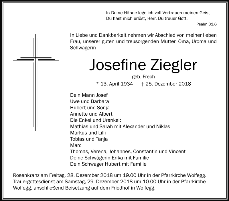 Traueranzeigen Von Josefine Ziegler Schwaebische De Trauerportal My