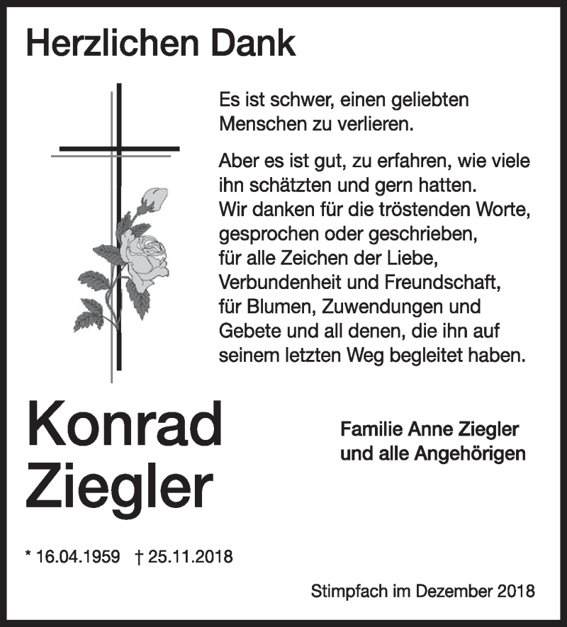  Traueranzeige für Konrad Ziegler vom 08.12.2018 aus Schwäbische Zeitung