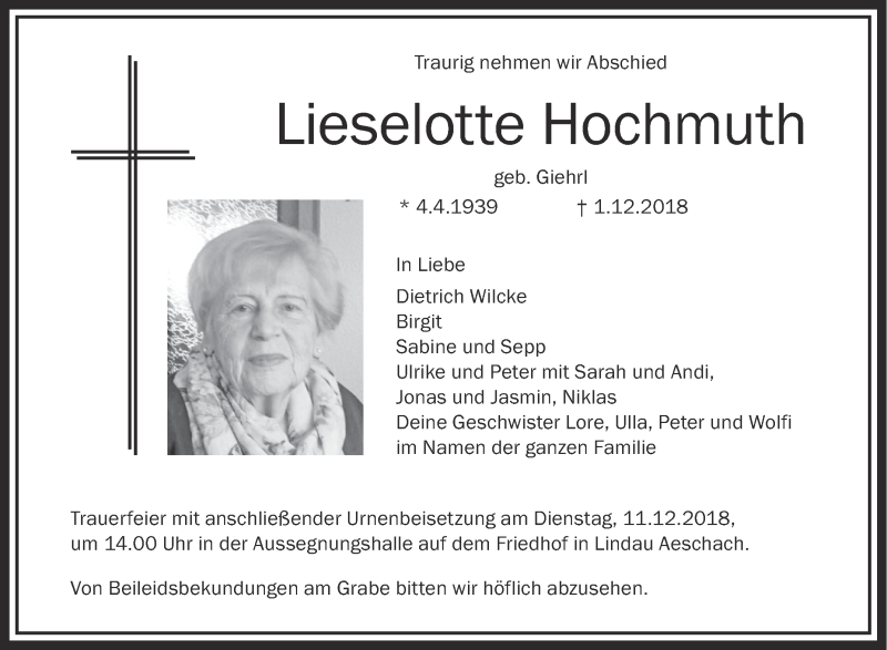  Traueranzeige für Lieselotte Hochmuth vom 08.12.2018 aus Schwäbische Zeitung