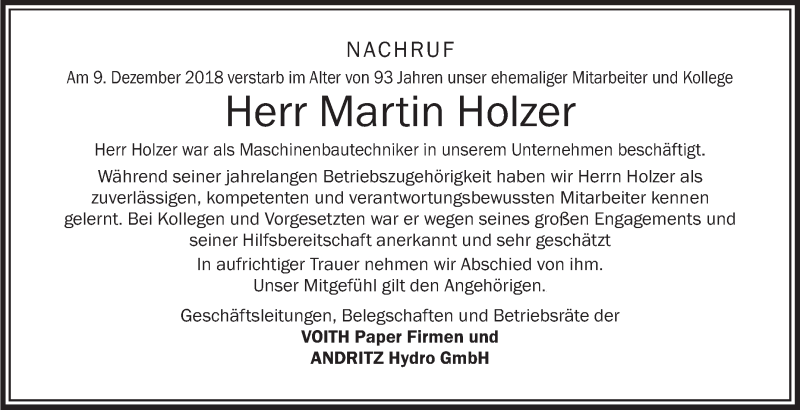  Traueranzeige für Martin Holzer vom 20.12.2018 aus Schwäbische Zeitung