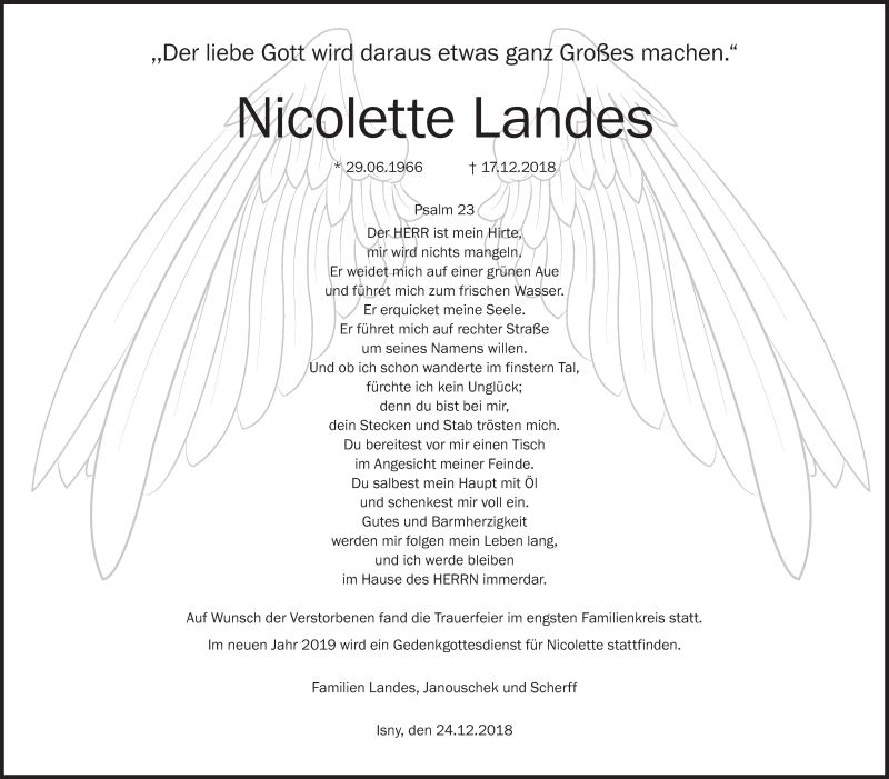  Traueranzeige für Nicolette Landes vom 24.12.2018 aus Schwäbische Zeitung